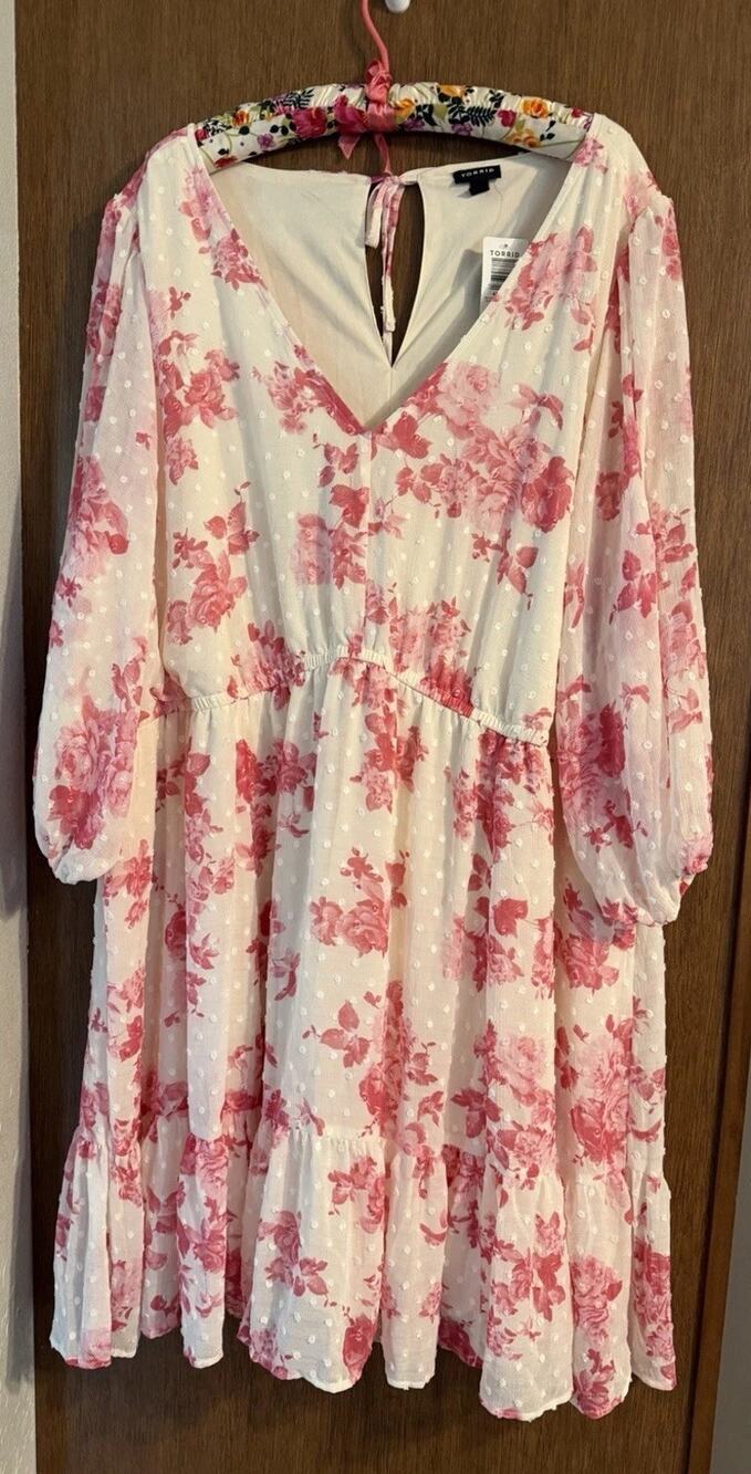 Torrid Monochrome Roses Floral Dew Mini Clip Dot Babydoll Dress Pink 5X Boho NWT